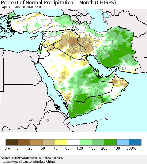 Middle East and Turkey Percent of Normal Precipitation 1-Month (CHIRPS) Thematic Map For 4/11/2020 - 5/10/2020