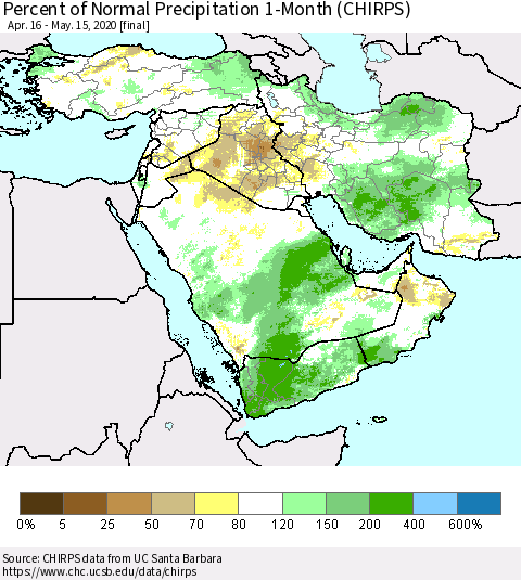 Middle East and Turkey Percent of Normal Precipitation 1-Month (CHIRPS) Thematic Map For 4/16/2020 - 5/15/2020