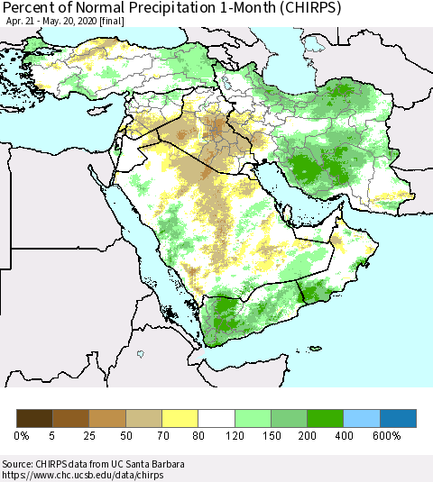 Middle East and Turkey Percent of Normal Precipitation 1-Month (CHIRPS) Thematic Map For 4/21/2020 - 5/20/2020