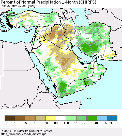 Middle East and Turkey Percent of Normal Precipitation 1-Month (CHIRPS) Thematic Map For 4/26/2020 - 5/25/2020