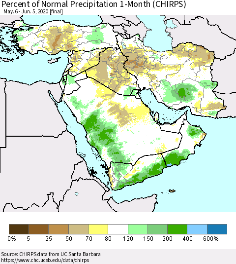 Middle East and Turkey Percent of Normal Precipitation 1-Month (CHIRPS) Thematic Map For 5/6/2020 - 6/5/2020