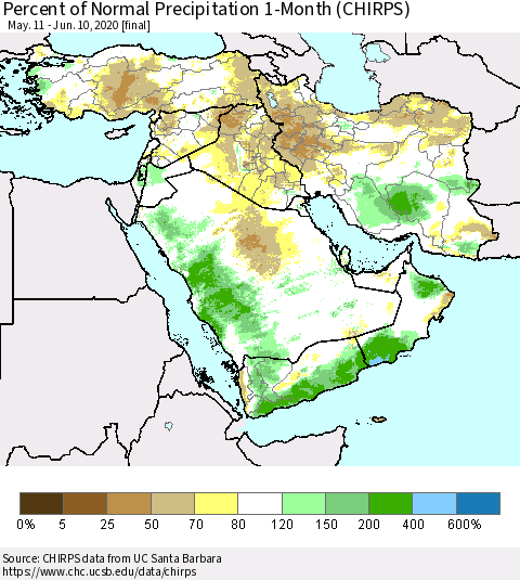 Middle East and Turkey Percent of Normal Precipitation 1-Month (CHIRPS) Thematic Map For 5/11/2020 - 6/10/2020