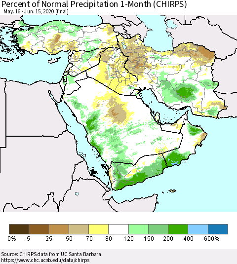 Middle East and Turkey Percent of Normal Precipitation 1-Month (CHIRPS) Thematic Map For 5/16/2020 - 6/15/2020
