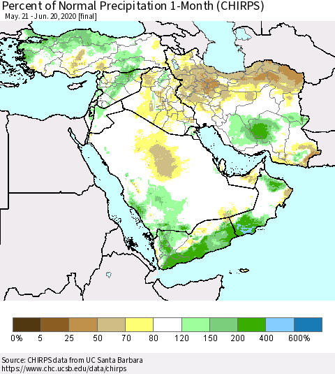 Middle East and Turkey Percent of Normal Precipitation 1-Month (CHIRPS) Thematic Map For 5/21/2020 - 6/20/2020