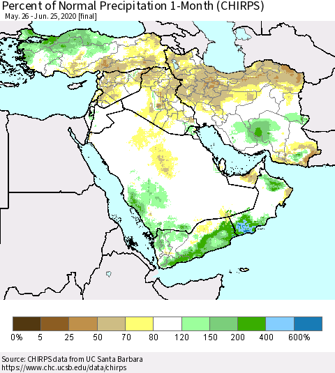 Middle East and Turkey Percent of Normal Precipitation 1-Month (CHIRPS) Thematic Map For 5/26/2020 - 6/25/2020