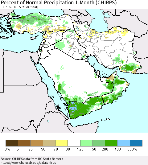 Middle East and Turkey Percent of Normal Precipitation 1-Month (CHIRPS) Thematic Map For 6/6/2020 - 7/5/2020