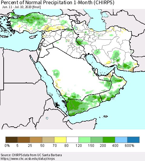 Middle East and Turkey Percent of Normal Precipitation 1-Month (CHIRPS) Thematic Map For 6/11/2020 - 7/10/2020