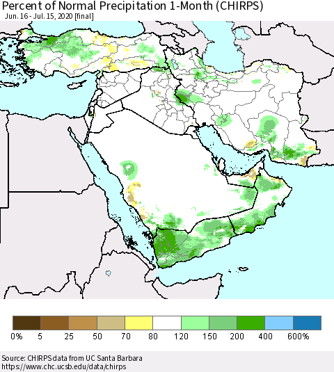 Middle East and Turkey Percent of Normal Precipitation 1-Month (CHIRPS) Thematic Map For 6/16/2020 - 7/15/2020
