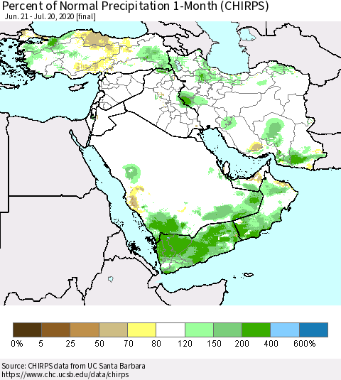 Middle East and Turkey Percent of Normal Precipitation 1-Month (CHIRPS) Thematic Map For 6/21/2020 - 7/20/2020