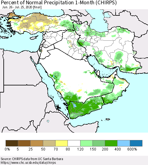 Middle East and Turkey Percent of Normal Precipitation 1-Month (CHIRPS) Thematic Map For 6/26/2020 - 7/25/2020