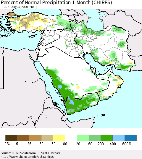 Middle East and Turkey Percent of Normal Precipitation 1-Month (CHIRPS) Thematic Map For 7/6/2020 - 8/5/2020