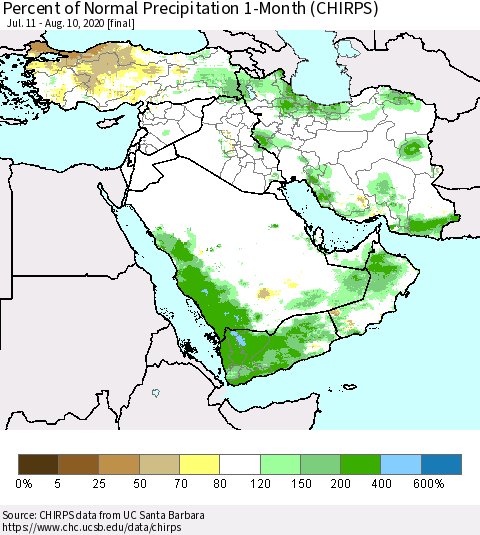 Middle East and Turkey Percent of Normal Precipitation 1-Month (CHIRPS) Thematic Map For 7/11/2020 - 8/10/2020