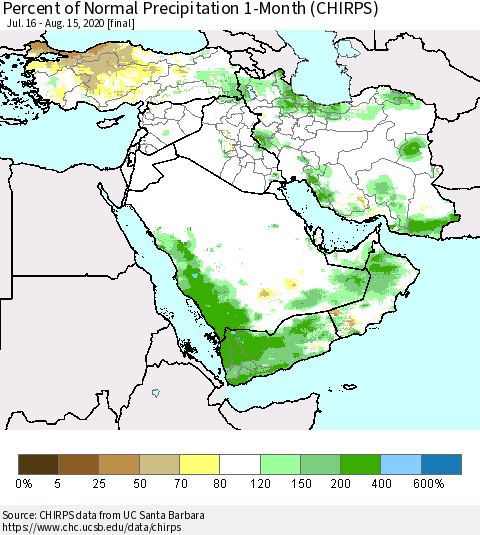 Middle East and Turkey Percent of Normal Precipitation 1-Month (CHIRPS) Thematic Map For 7/16/2020 - 8/15/2020