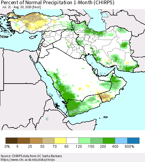 Middle East and Turkey Percent of Normal Precipitation 1-Month (CHIRPS) Thematic Map For 7/21/2020 - 8/20/2020