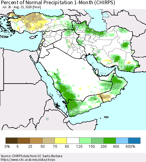 Middle East and Turkey Percent of Normal Precipitation 1-Month (CHIRPS) Thematic Map For 7/26/2020 - 8/25/2020
