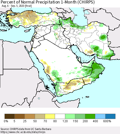Middle East and Turkey Percent of Normal Precipitation 1-Month (CHIRPS) Thematic Map For 8/6/2020 - 9/5/2020