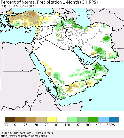Middle East and Turkey Percent of Normal Precipitation 1-Month (CHIRPS) Thematic Map For 8/11/2020 - 9/10/2020