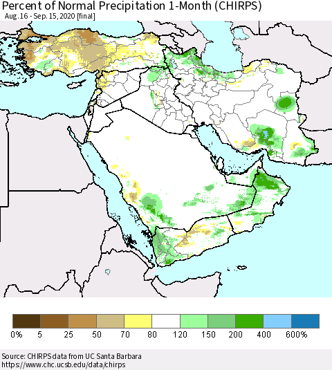 Middle East and Turkey Percent of Normal Precipitation 1-Month (CHIRPS) Thematic Map For 8/16/2020 - 9/15/2020