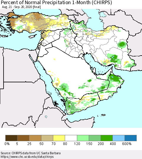 Middle East and Turkey Percent of Normal Precipitation 1-Month (CHIRPS) Thematic Map For 8/21/2020 - 9/20/2020