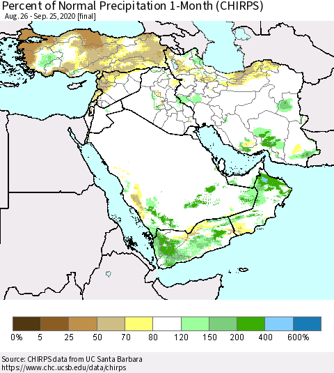 Middle East and Turkey Percent of Normal Precipitation 1-Month (CHIRPS) Thematic Map For 8/26/2020 - 9/25/2020