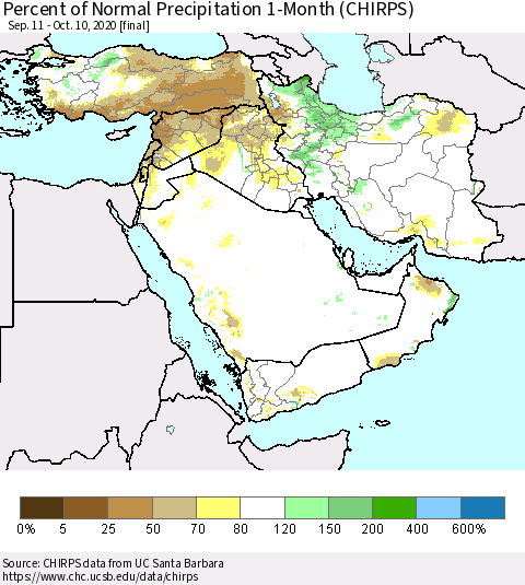 Middle East and Turkey Percent of Normal Precipitation 1-Month (CHIRPS) Thematic Map For 9/11/2020 - 10/10/2020
