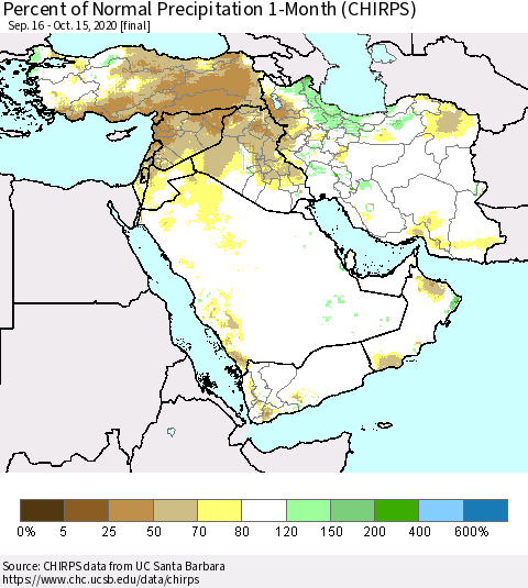Middle East and Turkey Percent of Normal Precipitation 1-Month (CHIRPS) Thematic Map For 9/16/2020 - 10/15/2020