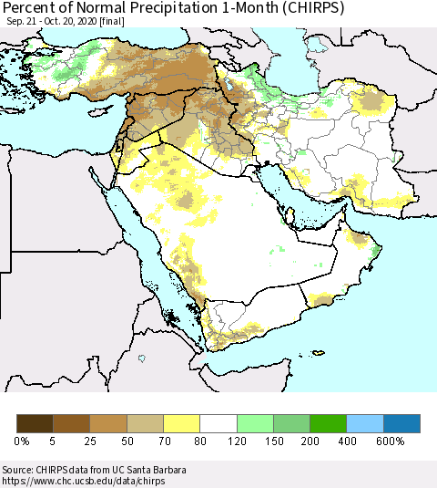 Middle East and Turkey Percent of Normal Precipitation 1-Month (CHIRPS) Thematic Map For 9/21/2020 - 10/20/2020