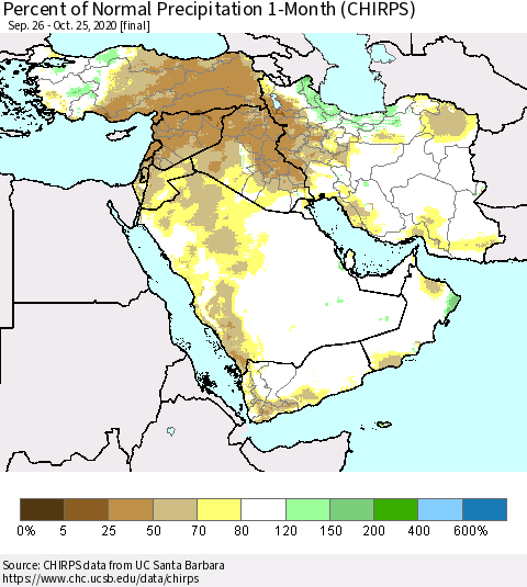 Middle East and Turkey Percent of Normal Precipitation 1-Month (CHIRPS) Thematic Map For 9/26/2020 - 10/25/2020