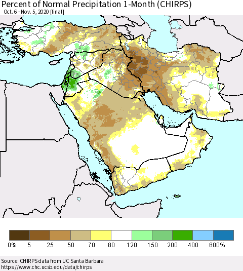 Middle East and Turkey Percent of Normal Precipitation 1-Month (CHIRPS) Thematic Map For 10/6/2020 - 11/5/2020