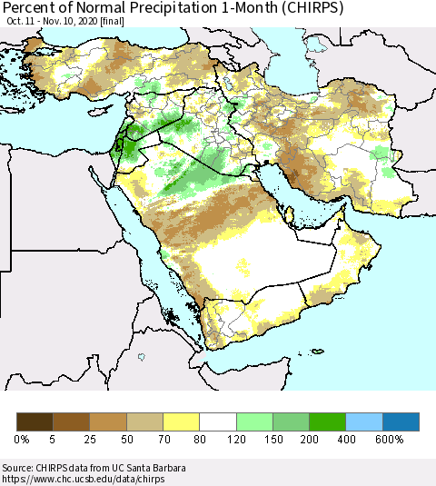 Middle East and Turkey Percent of Normal Precipitation 1-Month (CHIRPS) Thematic Map For 10/11/2020 - 11/10/2020