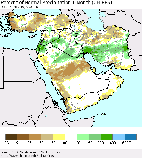 Middle East and Turkey Percent of Normal Precipitation 1-Month (CHIRPS) Thematic Map For 10/16/2020 - 11/15/2020