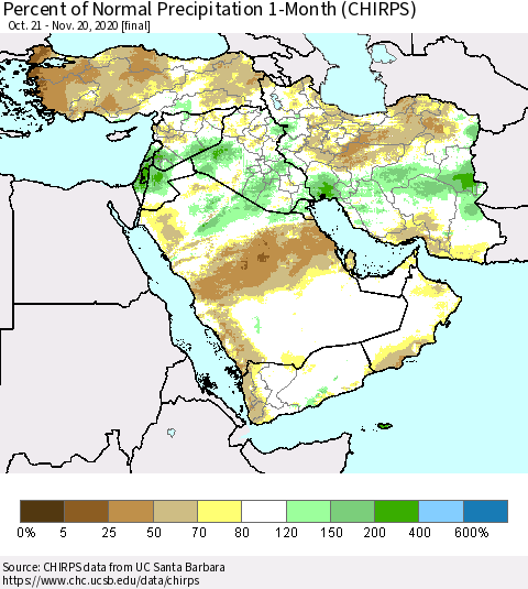 Middle East and Turkey Percent of Normal Precipitation 1-Month (CHIRPS) Thematic Map For 10/21/2020 - 11/20/2020