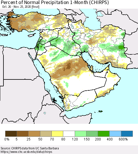 Middle East and Turkey Percent of Normal Precipitation 1-Month (CHIRPS) Thematic Map For 10/26/2020 - 11/25/2020