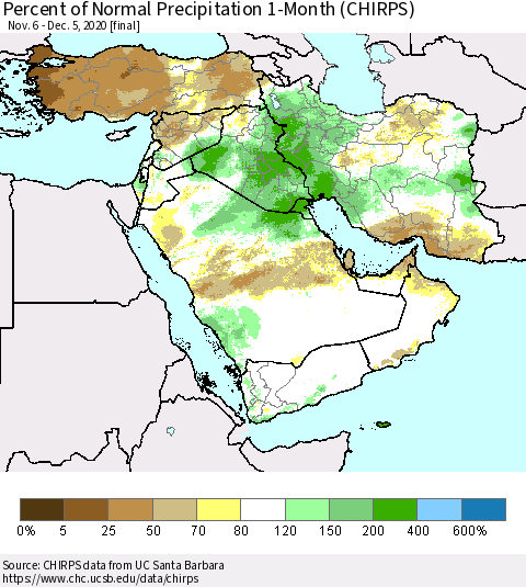 Middle East and Turkey Percent of Normal Precipitation 1-Month (CHIRPS) Thematic Map For 11/6/2020 - 12/5/2020