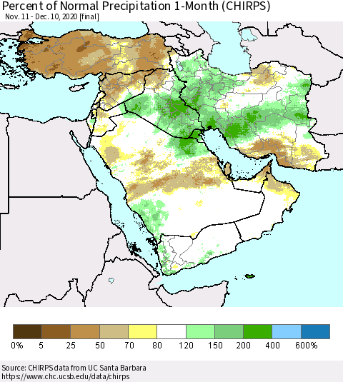 Middle East and Turkey Percent of Normal Precipitation 1-Month (CHIRPS) Thematic Map For 11/11/2020 - 12/10/2020