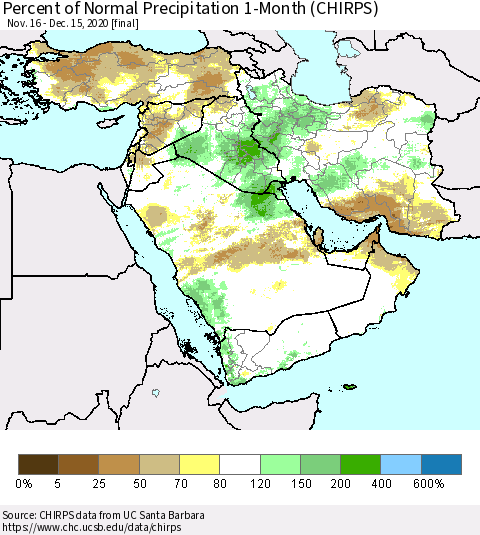 Middle East and Turkey Percent of Normal Precipitation 1-Month (CHIRPS) Thematic Map For 11/16/2020 - 12/15/2020