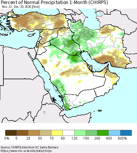 Middle East and Turkey Percent of Normal Precipitation 1-Month (CHIRPS) Thematic Map For 11/21/2020 - 12/20/2020