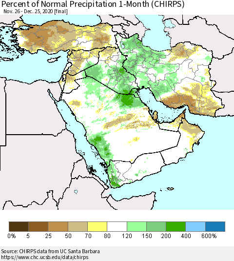 Middle East and Turkey Percent of Normal Precipitation 1-Month (CHIRPS) Thematic Map For 11/26/2020 - 12/25/2020