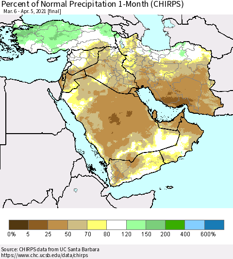 Middle East and Turkey Percent of Normal Precipitation 1-Month (CHIRPS) Thematic Map For 3/6/2021 - 4/5/2021