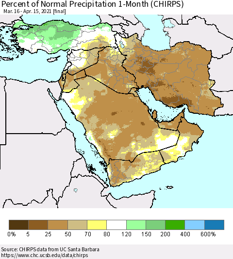 Middle East and Turkey Percent of Normal Precipitation 1-Month (CHIRPS) Thematic Map For 3/16/2021 - 4/15/2021