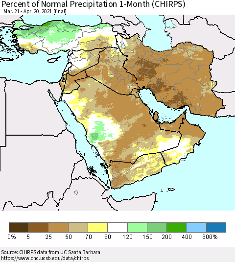 Middle East and Turkey Percent of Normal Precipitation 1-Month (CHIRPS) Thematic Map For 3/21/2021 - 4/20/2021