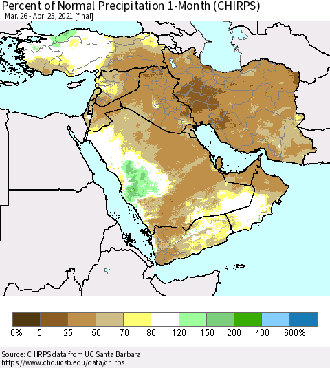 Middle East and Turkey Percent of Normal Precipitation 1-Month (CHIRPS) Thematic Map For 3/26/2021 - 4/25/2021