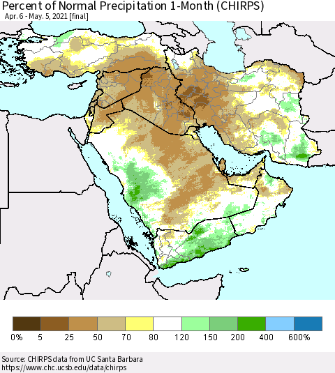 Middle East and Turkey Percent of Normal Precipitation 1-Month (CHIRPS) Thematic Map For 4/6/2021 - 5/5/2021