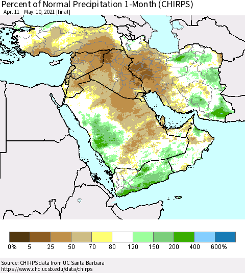 Middle East and Turkey Percent of Normal Precipitation 1-Month (CHIRPS) Thematic Map For 4/11/2021 - 5/10/2021