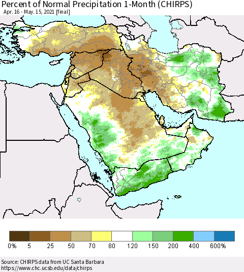 Middle East and Turkey Percent of Normal Precipitation 1-Month (CHIRPS) Thematic Map For 4/16/2021 - 5/15/2021
