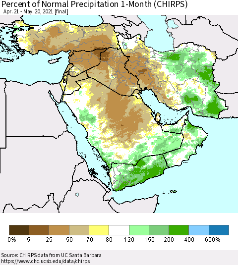 Middle East and Turkey Percent of Normal Precipitation 1-Month (CHIRPS) Thematic Map For 4/21/2021 - 5/20/2021
