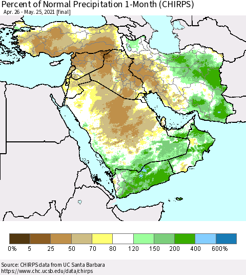 Middle East and Turkey Percent of Normal Precipitation 1-Month (CHIRPS) Thematic Map For 4/26/2021 - 5/25/2021