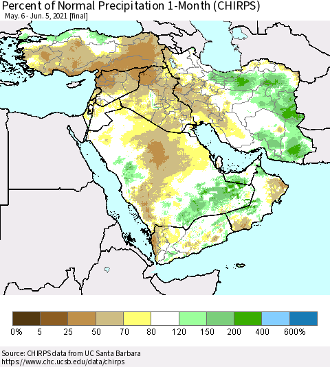 Middle East and Turkey Percent of Normal Precipitation 1-Month (CHIRPS) Thematic Map For 5/6/2021 - 6/5/2021