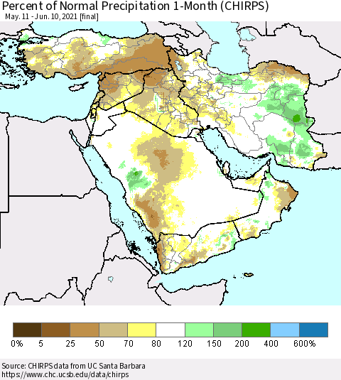 Middle East and Turkey Percent of Normal Precipitation 1-Month (CHIRPS) Thematic Map For 5/11/2021 - 6/10/2021