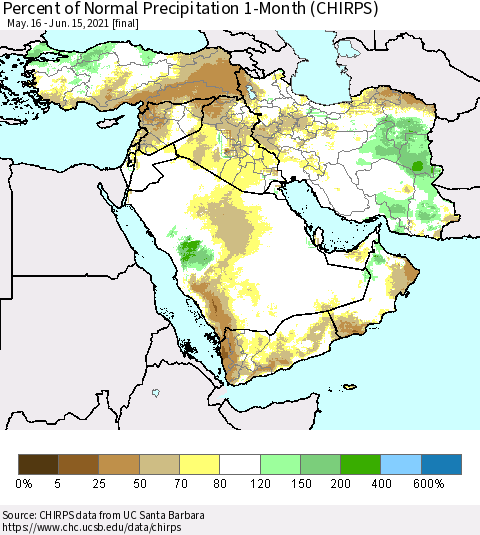 Middle East and Turkey Percent of Normal Precipitation 1-Month (CHIRPS) Thematic Map For 5/16/2021 - 6/15/2021